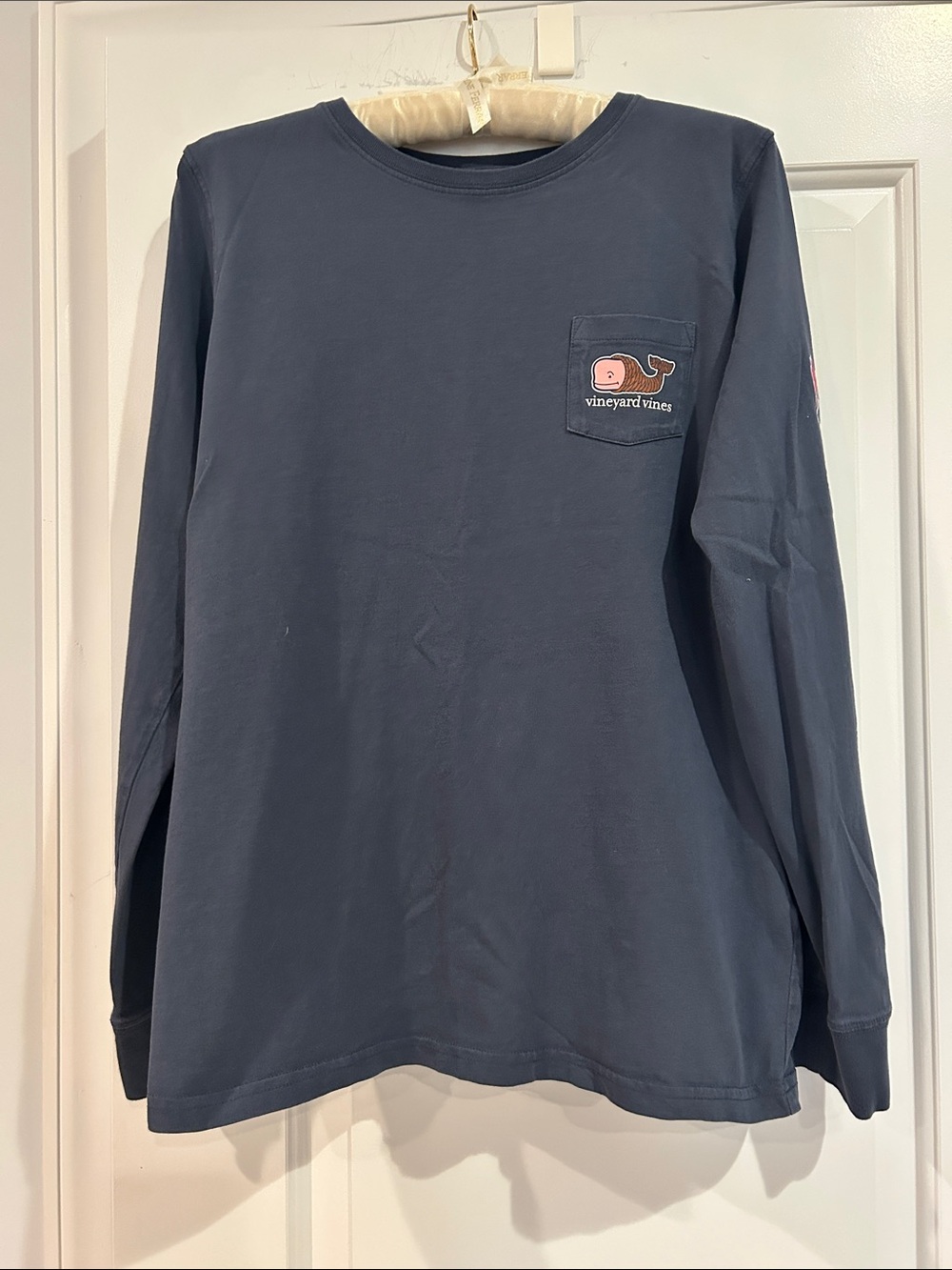 Vineyard Vines Autumn Long Sleeve Pocket Tee Navy Blue with Whale & Fall Design